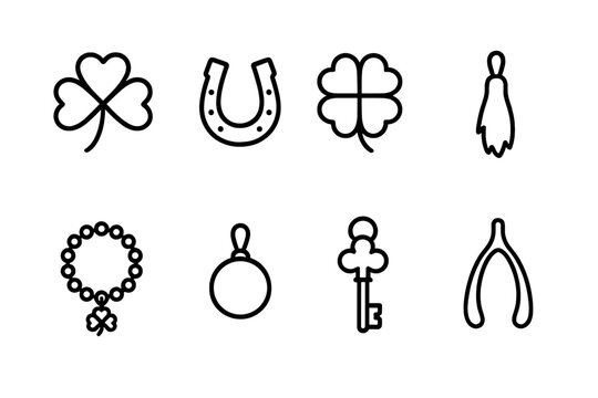 Charm Accessories Icons. Outline icon set of charm accessories: lucky clover, horseshoe, four-leaf clover, rabbit’s foot, charm