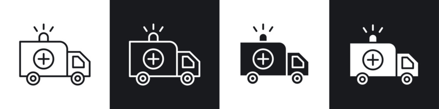 Ambulance icons collection in black and white filled and line versions