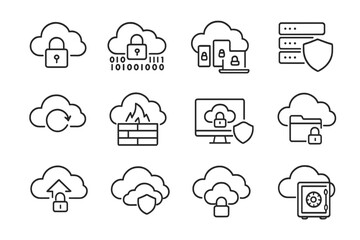 Fototapeta premium Cloud Security Icons. Outline icon set of cloud security: cloud with lock, encrypted cloud, multi-device secure sync, server