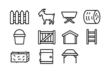 Goat Pen Icon Set. Outline icon set of goat pen: wooden fence, goat silhouette, feeding trough, hay bale,