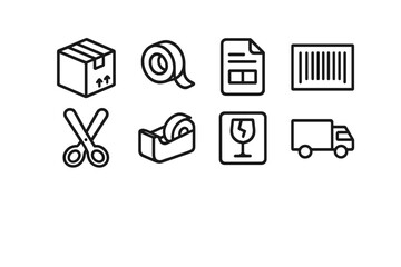 Shipping Icon Set. Outline icon set of small business shipping: cardboard box, packing tape, shipping label,