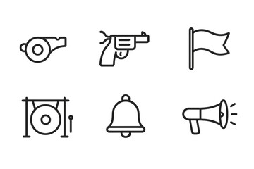 Commencement Signal Icons. Outline icon set of commencement signals: whistle, starter pistol, green light, flag wave, gong, bell,
