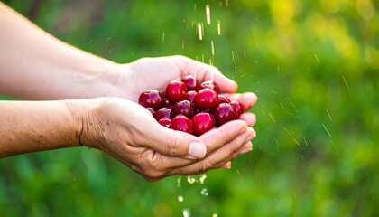 Fresh cherries being washed in hands