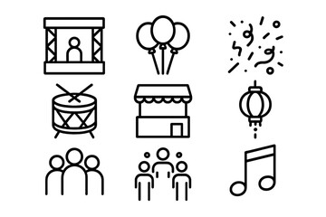 Street Festival Icons. Outline icon set of street festivals: stage, balloons, confetti, drum, food stall,