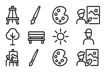 Fototapeta premium Art Icon Set. Outline icon set of artist painting a landscape in the park: easel, paintbrush, palette, canvas,