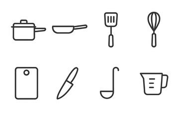 Cooking Utensil Icons. Outline icon set of cooking utensils: saucepan, frying pan, spatula, whisk, cutting board, knife, ladle,