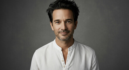 Obraz premium Confident man in a white shirt, with dark hair and a beard, smiling. Professional studio headshot on grey. Ideal for business and lifestyle