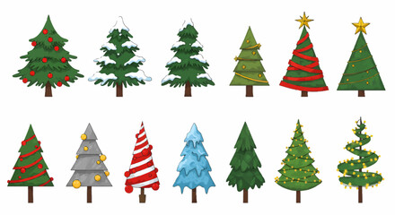 A collection of various illustrated Christmas trees with different decorations and styles, isolated on white.