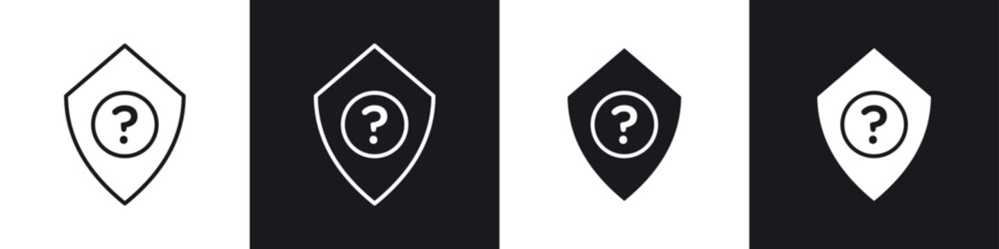 Shield interrogation icons collection in black and white filled and line versions
