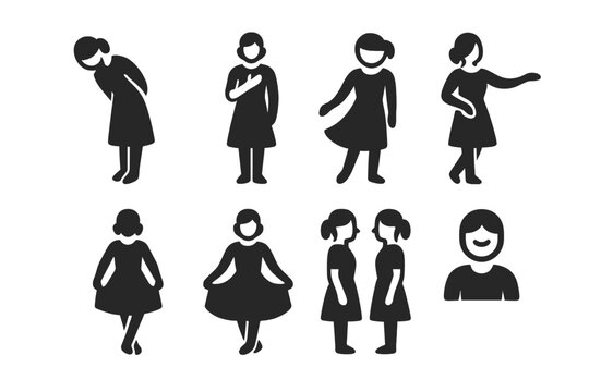 Curtsy Gesture Icons. Solid, filled icon set of curtsy related gestures: bow, hand over heart, head tilt, graceful arm sweep, foot