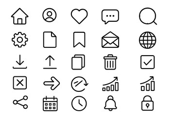 Universal line icon set for user interface design. Essential web icons for apps. Includes home, profile, message, search, settings, download, share, notification, security.