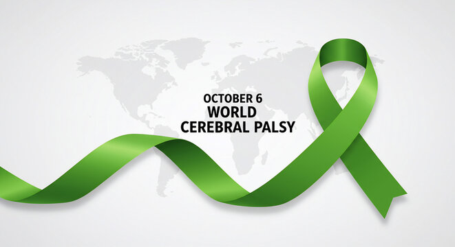 Green ribbon and text design for World Cerebral Palsy Day on October 6th. Symbolic awareness campaign for disability and support