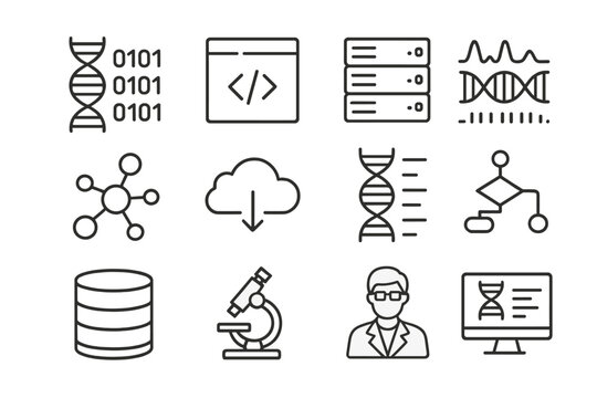 Bioinformatics Icon Set. Outline icon set of bioinformatics: DNA data string, code lines, server rack, gene