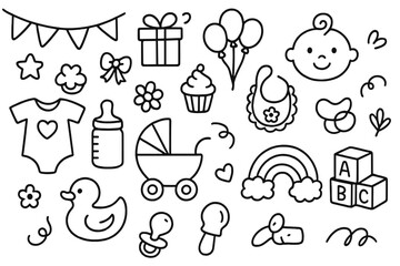 Hand drawn baby shower doodle icons set. Cute newborn and infant vector line art collection for celebration design. Cartoon illustration of stroller, toys, bottle, pacifier.