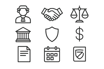Pro Bono Icons. Outline icon set of pro bono legal services: lawyer, handshake, scales, courthouse, shield,