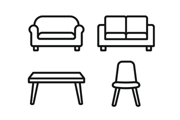 Furniture line icon collection. Couch, sofa, table, chair pictogram set. Editable stroke vector illustration for interior design, app, web. Minimalist outline symbols.