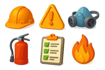 3D safety icon set for workplace safety and fire protection. Emergency concepts. Realistic vector cartoon collection with hard hat, warning sign, respirator, extinguisher, list.