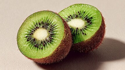 Juicy halves of kiwi fruit resting on a neutral background highlight vibrant green flesh, black seeds, and fuzzy brown skin in a visually appealing display