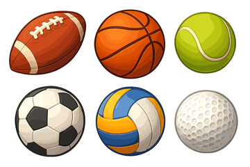 Set of 3D sports balls. Football, basketball, tennis, soccer, volleyball, golf icons. Vector cartoon sport equipment illustration for game or match. Isolated collection.