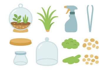 Colorful Terrarium Essentials. Flat vector mini-illustrations Terrarium showcase in colors children's illustrations: glass globe