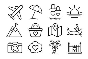 Romantic Travel Icons. Outline icon set of romantic travel: airplane with heart, beach umbrella, couple