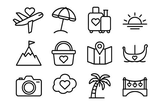 Romantic Travel Icons. Outline icon set of romantic travel: airplane with heart, beach umbrella, couple
