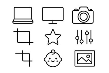 Newborn Photo Editing Icons. Outline icon set of editing newborn photos: laptop, monitor, camera, sliders,