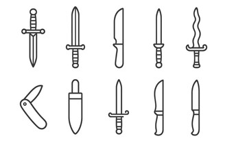 Blades Icon Collection. Outline icon set of collectible blades: dagger, sword, hunting knife, letter opener,