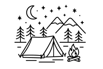 Camping night scene in minimalist line art style. Tent and campfire in forest with mountains. Outdoor adventure, travel, and wilderness exploration concept vector illustration.