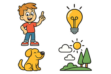 Vector cartoon icon set. Boy character having an idea, eureka moment with lightbulb. Cute happy puppy dog. Simple nature landscape with sun, clouds, and trees. Flat illustration.