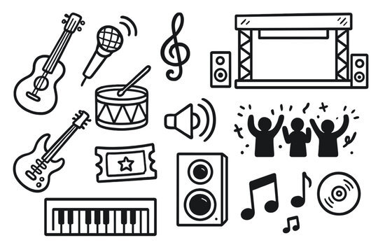 Concert music festival icon set hand drawn doodle. Rock band elements guitar, drum, stage, microphone. Vector line art illustration for live event, party, show poster. - Powered by Adobe