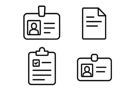 Employee badge, documents, clipboard, ID card line icon pack. Minimalistic linear pictogram set for identification, personal data, HR, and business applications design.
