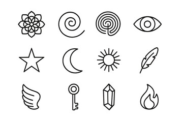 Symbolic Consciousness Icons. Outline icon set of symbolic consciousness: mandala, spiral, labyrinth, third