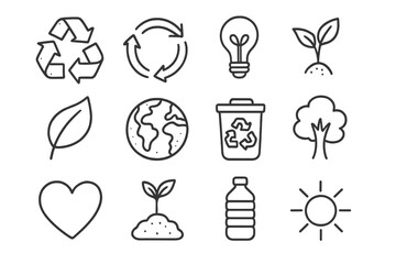 Hand drawn recycling icons set. Eco-friendly symbols collection. Vector line art illustration of environment, sustainability, and green energy concepts. Ecology doodle elements.