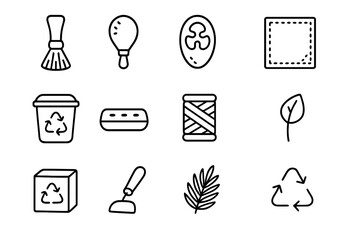 Compostable Cleaning Icons. Outline icon set of compostable cleaning tools: bamboo brush, coconut scrubber, loofah sponge, hemp