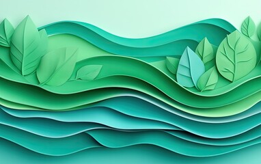 Abstract Green Wavy Layers With Leaves