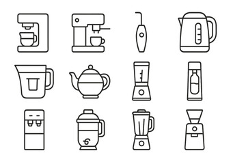 Portable Beverage Appliances. Outline icon set of portable beverage appliances: coffee maker, espresso machine