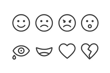 Fototapeta premium Emotional Icon Set. Outline icon set of emotion: happy face, sad face, angry face, surprised face, crying eye, laughing mouth,