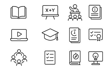 Consumer Education Icons. Outline icon set of consumer education: open book, chalkboard, seminar speaker, laptop course,