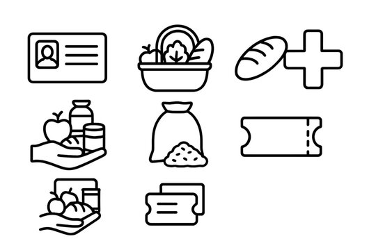 Food Ration Icons. Outline icon set of food rationing systems: ration card, basket, bread loaf, canned food,