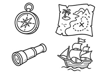Pirate adventure icon set with treasure map, compass, sailing ship, and spyglass. Hand-drawn line art for exploration, discovery, and nautical themes. Vintage sea voyage vector.