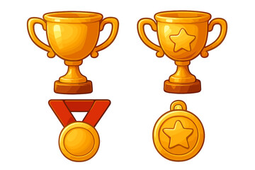 Collection of golden trophies and medals for awards. Vector cartoon illustration of champion prizes. Gold cup and star medal icons for winner, achievement, and victory.
