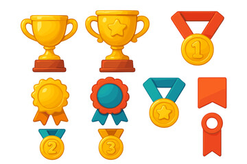 Colorful 3D award icons set with trophies, medals, and ribbons for achievement. Vector cartoon illustration for winners. Gold cup, prize champion, victory concept.