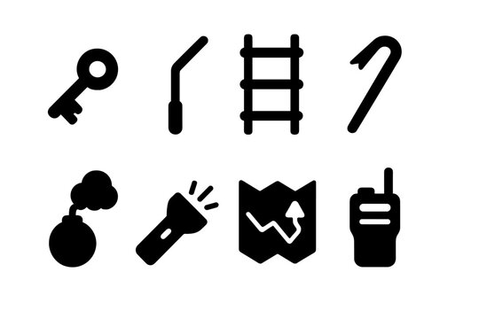 Escape Tools Icons. Solid, filled icon set of escape tools: key, lockpick, rope ladder, crowbar, smoke bomb, flashlight, map,