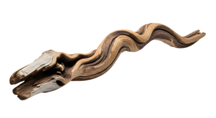 A twisted, serpentine piece of driftwood with distinct grain patterns, isolated on a transparent background