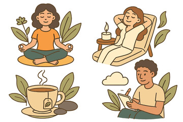 Mindful tranquility illustration set. People meditating, relaxing, journaling. Self-care, mental health, and well-being concept. Yoga, tea time, and peaceful activities vector.