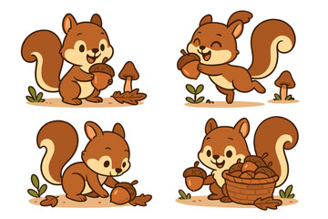 Cute squirrel character set. Cartoon animal collecting acorns in autumn forest. Happy playful chipmunk mascot collection. Kawaii woodland rodent vector illustration for kids.