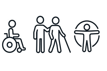 Accessibility icon set for inclusive design. Minimalist vector symbols of disability, mobility aids, and assistance. Wheelchair, blind person with cane, and universal access.