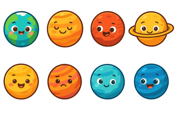 Obraz premium Cute cartoon planets characters set. Solar system kawaii faces collection. Earth, Mars, Jupiter, Saturn expressions. Vector space icons for kids. Astronomy graphic element.