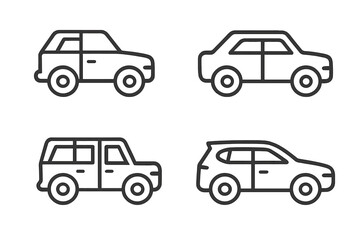 Car icon set. Minimalist line art vehicle symbols. Vector collection of automobile, SUV, sedan, and crossover pictograms. Simple black and white outline transport graphic.